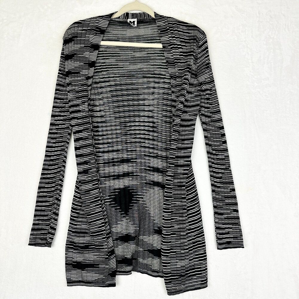 M Missoni Open Front Stripe Cardigan Size 44 US 8 Longline Black White